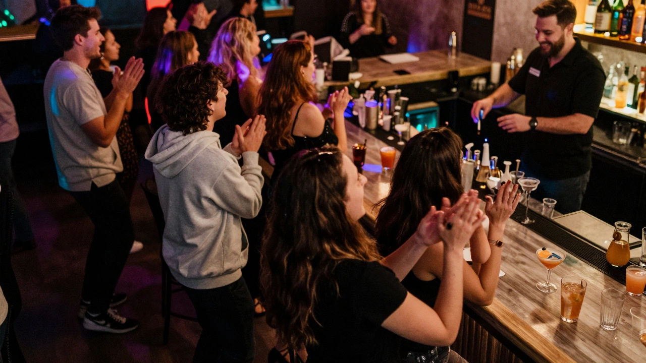 Diverse group dancing on Razzmatazz floor at 2 a.m., mixed attire, colored lights, cocktail glasses on tables.