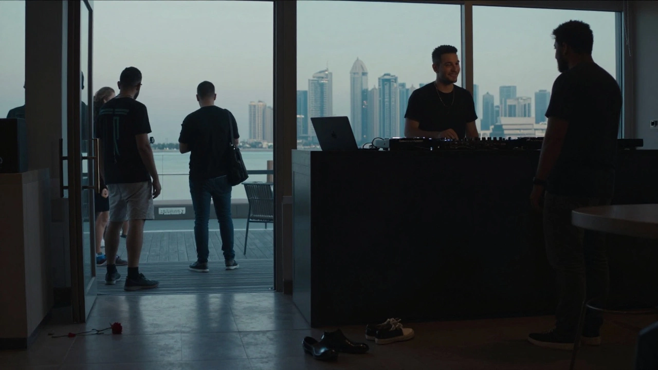 Quiet dawn at Razzmatazz, lone patron gazing at Dubai Marina skyline, empty bar, soft morning light.